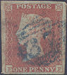 1851 1d Red Plate 121 'FF' Blue Cancel